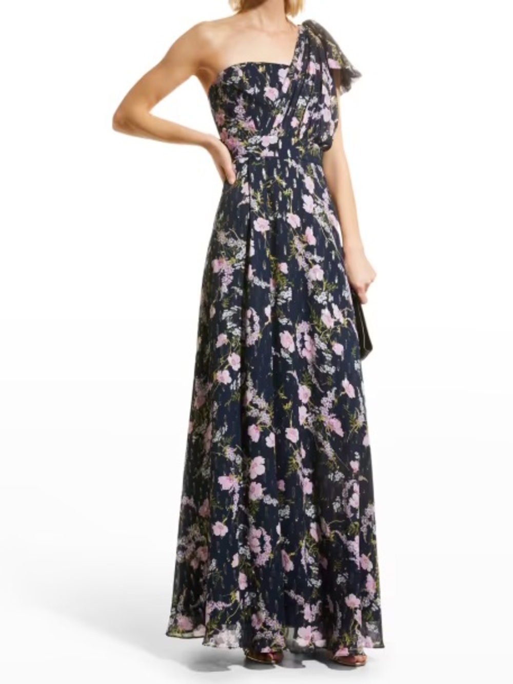 Caprina Dress #723959 — One-Shoulder Navy Floral with Gold Accents